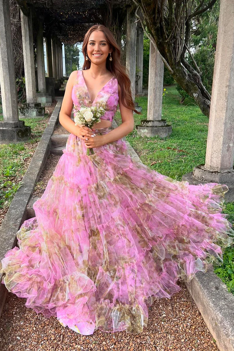 Two Piece V Neck Floral Printed Tulle evening gowns Long Prom Dress